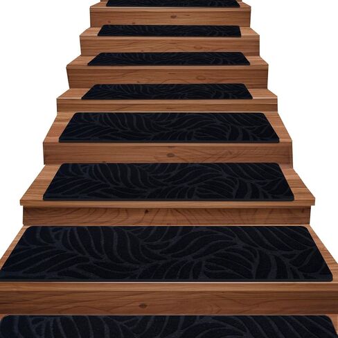 Madrigal Stair Treads Non-Slip Carpet Mat 15pcs - 30x8x0.25in Maple Leaf Pattern Pads with Self-Adhesive Backing,Stair Treads for Wooden Steps 100% Polyester TPE Backing (Black) in Saudi Arabia