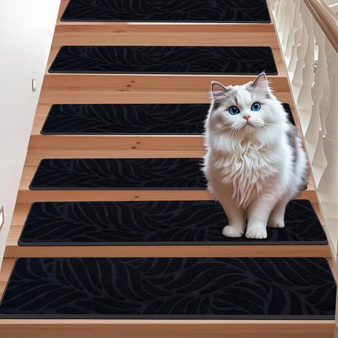 Madrigal Stair Treads Non-Slip Carpet Mat 15pcs - 30x8x0.25in Maple Leaf Pattern Pads with Self-Adhesive Backing,Stair Treads for Wooden Steps 100% Polyester TPE Backing (Black) in Saudi Arabia
