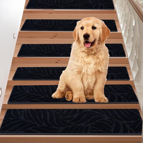 Madrigal Stair Treads Non-Slip Carpet Mat 15pcs - 30x8x0.25in Maple Leaf Pattern Pads with Self-Adhesive Backing,Stair Treads for Wooden Steps 100% Polyester TPE Backing (Black) in Saudi Arabia
