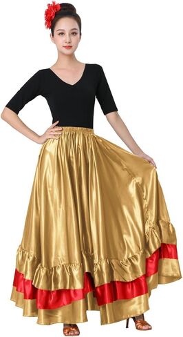 Women's Long Mexican Folkloric Dance Skirt with Ruffles, Full Dancing Circle, Shiny, Gold Theme in Saudi Arabia