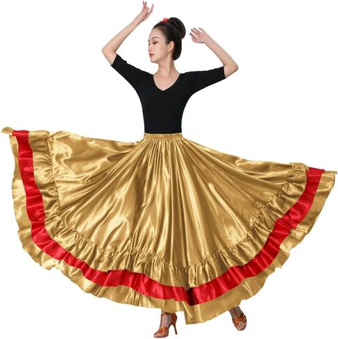 Women's Long Mexican Folkloric Dance Skirt with Ruffles, Full Dancing Circle, Shiny, Gold Theme in Saudi Arabia