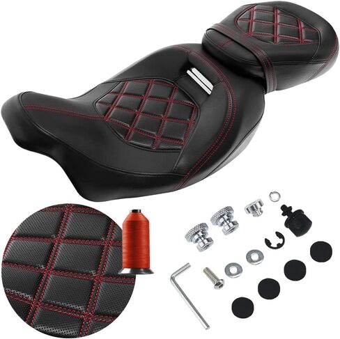 FOVPLUE Two-up Seat, Low-Profile Driver Passenger Pillion Seat for Harley Touring CVO Road Glide Road King Street Glide Electra Glide Ultra Limited FLHTKSE FLHTCUSE5 2009-2024, Double Red Stitching in Saudi Arabia