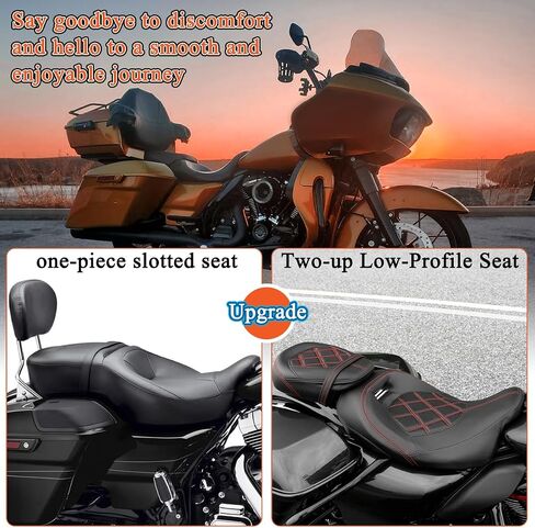 FOVPLUE Two-up Seat, Low-Profile Driver Passenger Pillion Seat for Harley Touring CVO Road Glide Road King Street Glide Electra Glide Ultra Limited FLHTKSE FLHTCUSE5 2009-2024, Double Red Stitching in Saudi Arabia