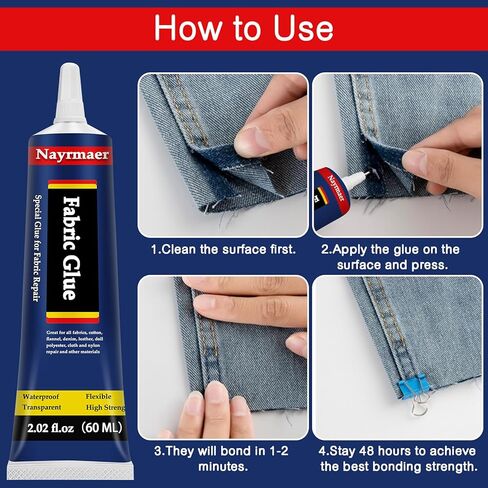 Fabric Glue, Permanent Clear Washable Clothing Glue for All Fabrics, Cotton, Flannel, Denim, Leather, Polyester, Doll Repair, 24 Hours Dry and Waterproof in Kuwait