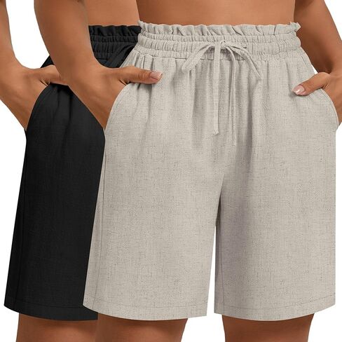 Ficerd 2 Pack Plus Size Linen Bermuda Shorts for Women Drawstring High Waisted Casual Ruffle Long Shorts with Pocket in Saudi Arabia