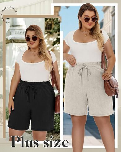 Ficerd 2 Pack Plus Size Linen Bermuda Shorts for Women Drawstring High Waisted Casual Ruffle Long Shorts with Pocket in Saudi Arabia