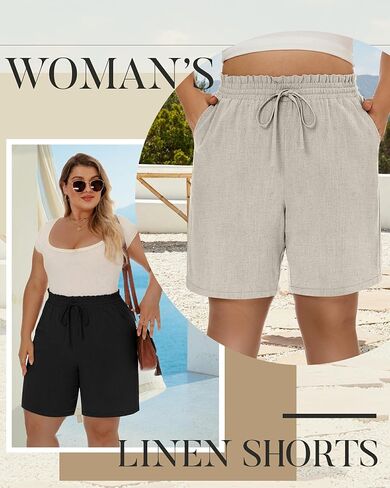 Ficerd 2 Pack Plus Size Linen Bermuda Shorts for Women Drawstring High Waisted Casual Ruffle Long Shorts with Pocket in Saudi Arabia