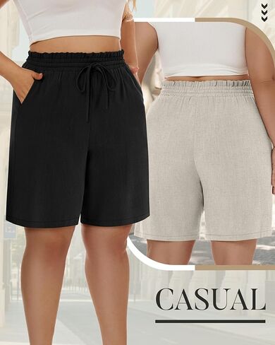 Ficerd 2 Pack Plus Size Linen Bermuda Shorts for Women Drawstring High Waisted Casual Ruffle Long Shorts with Pocket in Saudi Arabia