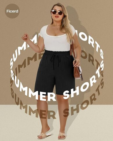 Ficerd 2 Pack Plus Size Linen Bermuda Shorts for Women Drawstring High Waisted Casual Ruffle Long Shorts with Pocket in Saudi Arabia