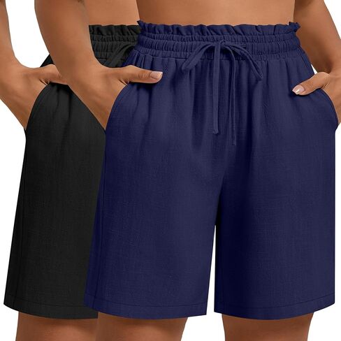 Ficerd 2 Pack Plus Size Linen Bermuda Shorts for Women Drawstring High Waisted Casual Ruffle Long Shorts with Pocket in Saudi Arabia