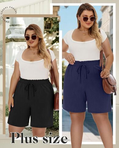 Ficerd 2 Pack Plus Size Linen Bermuda Shorts for Women Drawstring High Waisted Casual Ruffle Long Shorts with Pocket in Saudi Arabia