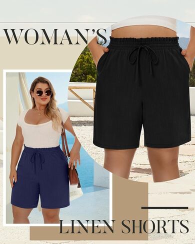 Ficerd 2 Pack Plus Size Linen Bermuda Shorts for Women Drawstring High Waisted Casual Ruffle Long Shorts with Pocket in Saudi Arabia