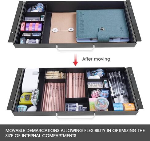 Large Size Under Desk Slide out Pencil Drawer White with Adjustable Space Divider Design for Storing Pencil and Office Accessories, Underdesk Pull out Tray Organizer Mounted for Sit Stand Workstation in Kuwait
