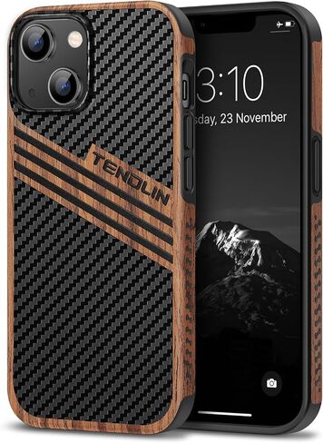 TENDLIN Compatible with iPhone 14 Case Wood Grain with Carbon Fiber Texture Design Leather Hybrid Slim Case Black in Saudi Arabia