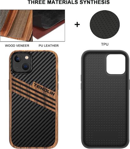 TENDLIN Compatible with iPhone 14 Case Wood Grain with Carbon Fiber Texture Design Leather Hybrid Slim Case Black in Saudi Arabia