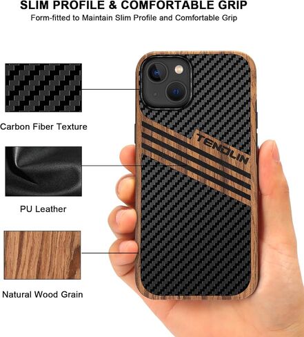 TENDLIN Compatible with iPhone 14 Case Wood Grain with Carbon Fiber Texture Design Leather Hybrid Slim Case Black in Saudi Arabia