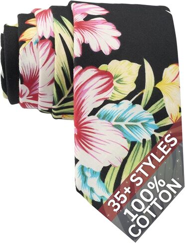 Otis & Oliver Floral Print Skinny Necktie ، قطن 100 ٪ ، رائع لحفلات الزفاف والرقصات والبعثات والعريس والعدالة in Kuwait