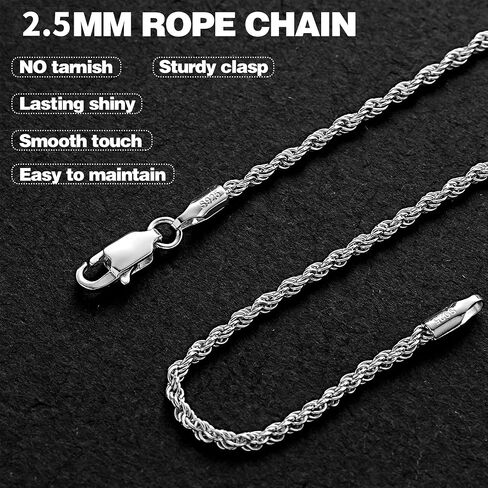 2 Pcs 925 Sterling Silver 5mm Cuban Link Chain for Men&2.5mm Rope Link Chain Bracelet Set for Men's&woman,Trendy hip-hop stacking Fashion Gift Boyfriend/Girlfriend/mother's Non Tarnish Hypoallergenic in Saudi Arabia