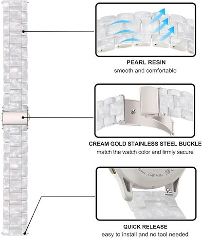 TRUMiRR for Vivomove HR/Vivoactive 3 / Vivoactive 5 Women Watchband, Pearl Resin Watch Band Rose Gold Stainless Steel Buckle Strap for Garmin Venu Sq/Venu Sq 2 / Vivomove 3 Luxe Style Trend in Kuwait