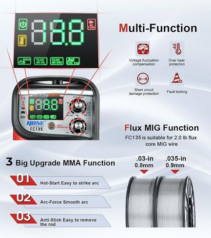 HONE Flux Core Welder 110V، فعلي 140Amp MIG Welder 3 في 1 لحام الأسلاك التآزرية بدون غاز/عصا لحام/رفع آلة لحام TIG، عاكس IGBT مع شاشة LED كبيرة وسلك لحام 2 رطل. in Kuwait