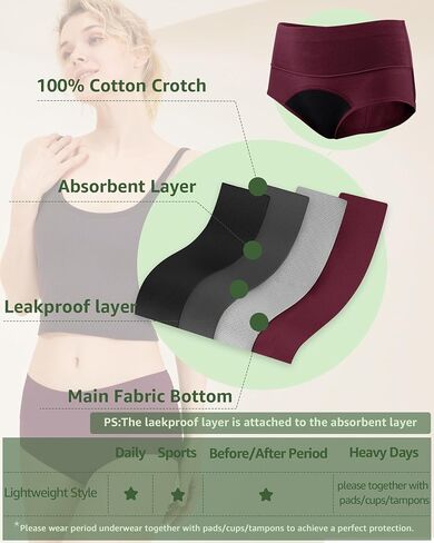Period Underwear for Women High Waisted Postpartum Menstrual Pantie Leakproof Cotton Briefs 3 Pack Regular & Plus Size in Kuwait