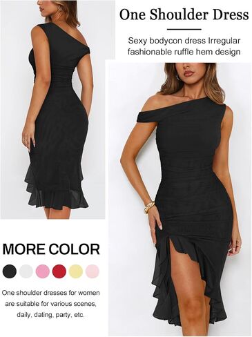 Women Sleeveless One Shoulder Bodycon Midi Dress Summer Side Slit Mesh Irregular Ruffle Cocktail Dress for Women in Saudi Arabia