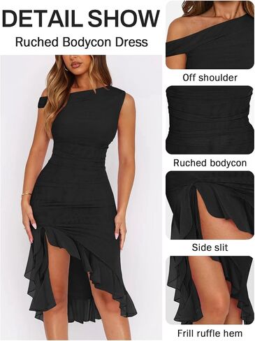 Women Sleeveless One Shoulder Bodycon Midi Dress Summer Side Slit Mesh Irregular Ruffle Cocktail Dress for Women in Saudi Arabia