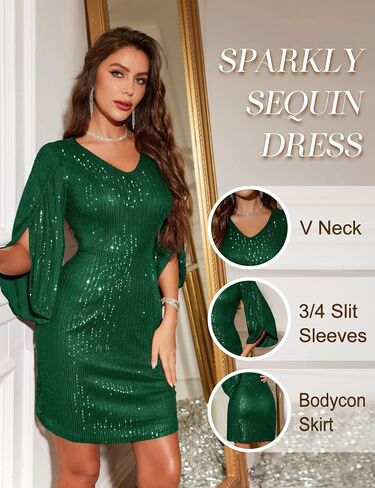 Dressystar Sequin Dress for Women Sparkly Formal V Neck Long Slit Sleeves Glitter Bodycon Cocktail Party Prom Dresses in Kuwait