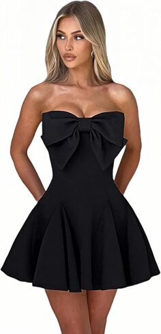 JUMISEE Women's Elegant Bow Strapless Homecoming Dress A Line Swing Tube Mini Dress Short Evening Party Prom Dress in Kuwait