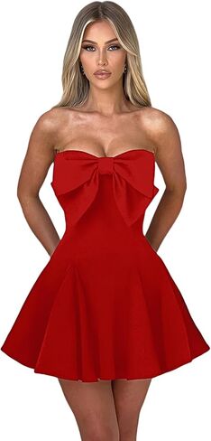 JUMISEE Women's Elegant Bow Strapless Homecoming Dress A Line Swing Tube Mini Dress Short Evening Party Prom Dress in Kuwait