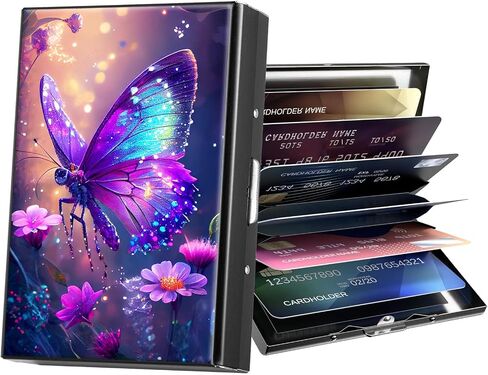 Metal Wallet,Credit Card Holder for Women Men,RFID Blocking Card Holder Wallet Mini Slim Aluminum Wallet ID Case Hard Card Case Business Card Holder Case,Glitter Butterfly Purple in Saudi Arabia