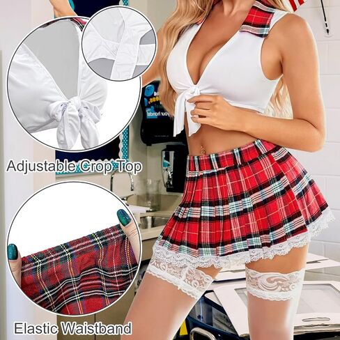 Women Sexy Lingerie Set Roleplay Costume Schoolgirl Outfits Naughty Cosplay Uniform Halter Tie Top+Plaid Mini Skirt in Kuwait