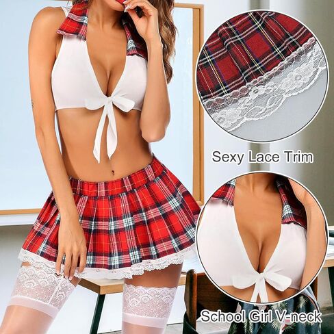 Women Sexy Lingerie Set Roleplay Costume Schoolgirl Outfits Naughty Cosplay Uniform Halter Tie Top+Plaid Mini Skirt in Kuwait