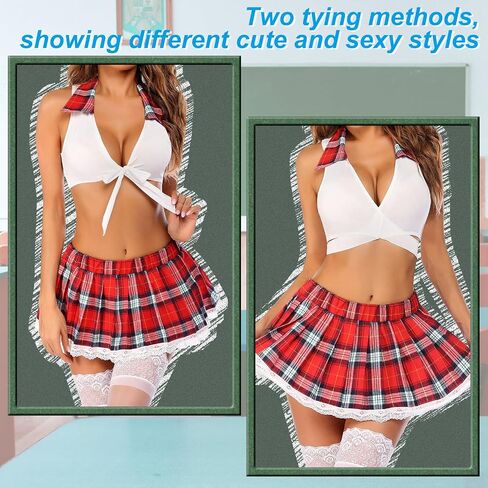 Women Sexy Lingerie Set Roleplay Costume Schoolgirl Outfits Naughty Cosplay Uniform Halter Tie Top+Plaid Mini Skirt in Kuwait