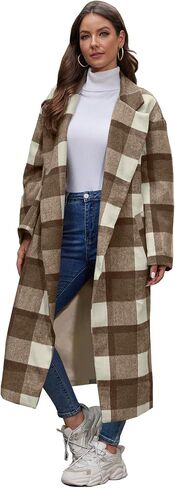 Women's Oversized Plaid Wool Coat Casual Lapel Collar Double Breasted Winter Long Pea Coat with Pockets in Saudi Arabia