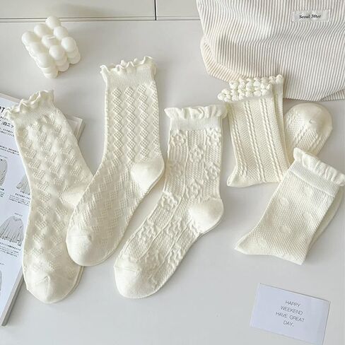 Tooe 5 Pairs Cute Lace Mesh Ruffle Frilly Socks Aesthetic Crew Socks Cottagecore Fall Socks Lolita Clothes Fairycore Stuffs in Saudi Arabia