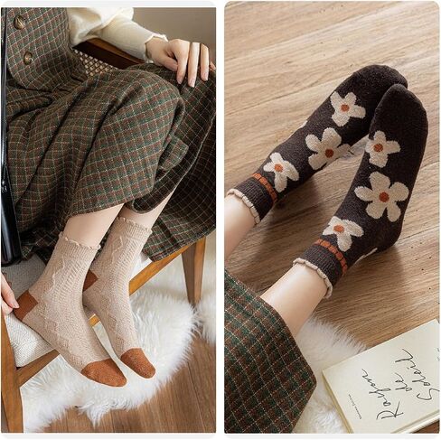 5/10 Pairs Wool Socks for Women Thick Knit Cozy Vintage Cute Animal Floral Crew Socks in Kuwait
