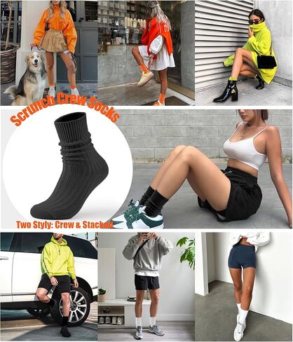 Women's Neon Scrunch Crew Socks 80s 90s Retro 3-Pack Cotton Stacked Boot Calf Cozy Ribbed Slouchy Socks Size 5-10 in Kuwait