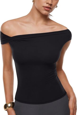 INLYRIC Women's Inbarely Soft Off The Shoulder Tops Versatile Going Out Trendy Shirts Y2K Spring Summer Outfits in Saudi Arabia