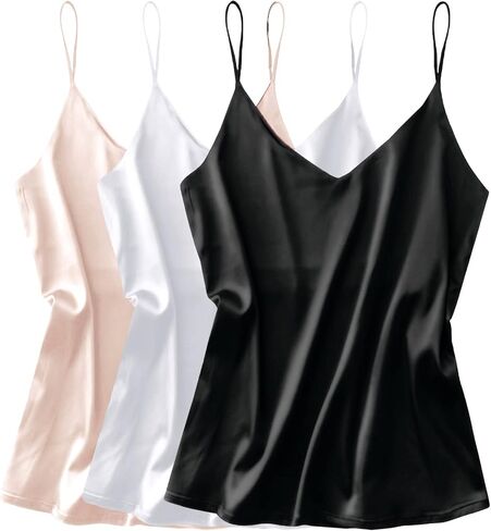 Ekouaer 3 Pack: Womens Silk Satin Tank Top V الرقبة Camisole Cami Spaghetti Strap Top Loughlessless Blouses Shirt in Kuwait