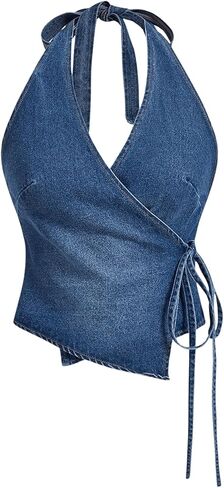SHENHE Women's Halter Neck Denim Wrap Top Side Tie Backless Vintage Jean Top Shirt in Kuwait