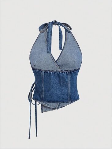 SHENHE Women's Halter Neck Denim Wrap Top Side Tie Backless Vintage Jean Top Shirt in Kuwait