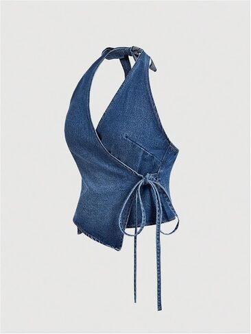 SHENHE Women's Halter Neck Denim Wrap Top Side Tie Backless Vintage Jean Top Shirt in Kuwait