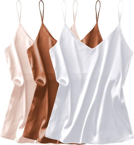 Ekouaer 3 Pack: Womens Silk Satin Tank Top V الرقبة Camisole Cami Spaghetti Strap Top Loughlessless Blouses Shirt in Kuwait