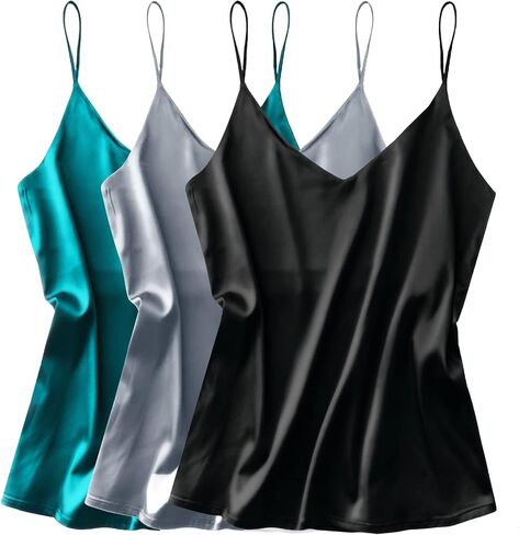 Ekouaer 3 Pack: Womens Silk Satin Tank Top V الرقبة Camisole Cami Spaghetti Strap Top Loughlessless Blouses Shirt in Kuwait