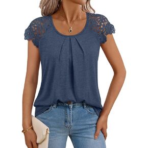 Lillusory Lace Short Sleeve Dorts Womens Summer Crew Neck Tops Disual Thirt Tshirt Blouses