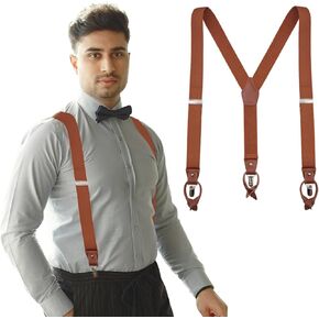 Mens Suspenders，Brown Leather Button Tab and Clip Braces Vintage Suspender for Men Wedding Suspenders for Groom Groomsmen