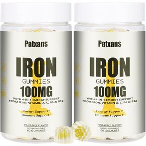 2 Packs 100MG Iron Supplement Gummies for Women & Men - with Vitamin A, C, B - Energy Support for Iron Deficiency, Anemia, Adults ＆ Children, Vegan, Pineapple Flavor Gummy, 120ct