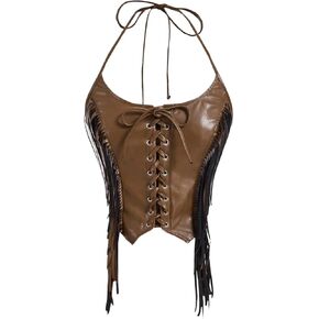 الدانتيل النسائي Makemechic Up Fringe Pu Leather Corset Top Top Back Halter Cami Top