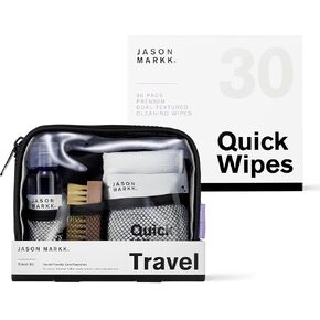 مجموعة Jason Markk Travel Kit & Bunddes Quick Pludle ، حجم الحذاء بحجم السفر والرعاية المنظف أحذية رياضية مع 30 حزمة من مناديل ، مثالية للأحذية ، آمنة للجلد ، جلد الغزال ، nubuck ، القطن ، الحياكة
